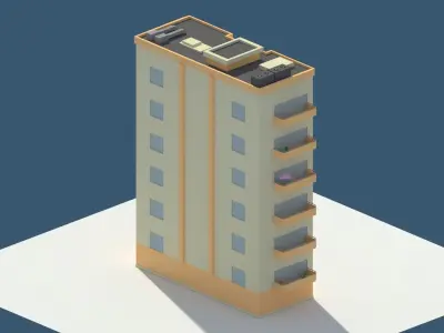 Low Poly Aparment 2 tall building with balconies Low-poly 3D model