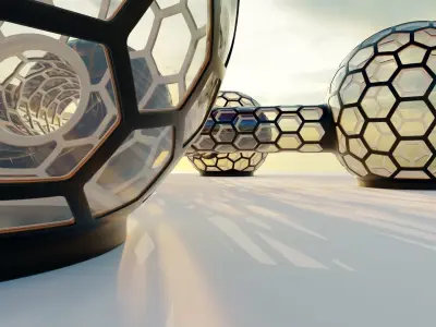 6 walkway connected glass hexagon sci fi spherical domes  3D model