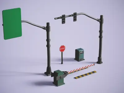 Stylized Road Props Pack  Low-poly 3D model