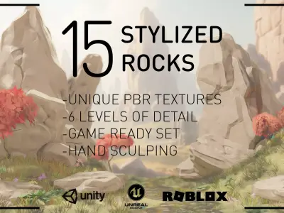 Stylized Rock Set - 15 Hand-Painted Game-Ready Rocks Low-poly 3D model