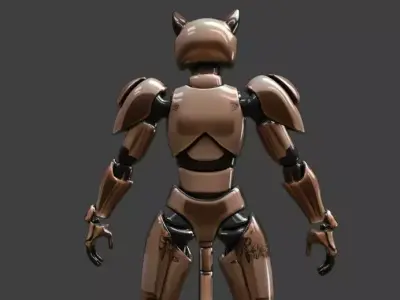 Cybernetic Cat Assassin High-Poly Bronze Mecha Robot Warrior Low-poly 3D model