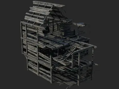 Burned and ruined Wooden Buildings Low-poly 3D model