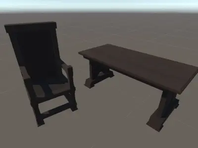 Dark Wood Table and Chair- Handpainted Low-poly 3D model