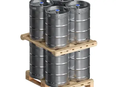 Metal kegs iron barrels on wooden pallets 3D model
