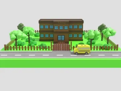 Low Poly Cartoon School Scene Low-poly 3D model