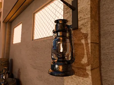 Lantern with A Barrel and Crate Low-poly 3D model