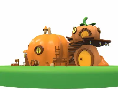 Cartoon pumpkin house and props 3D model