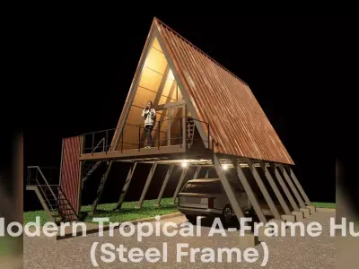 Modern Tropical A-Frame Hut l Rust Metal Sheet Cabin 3D model