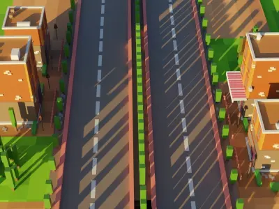 Small Village beside Countryside Road - Low Poly Town Low-poly 3D model