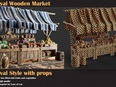 Medieval Wooden Market Pack  Set 1 With Props 3D model