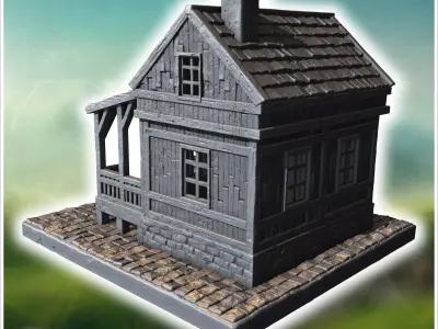 Wooden bar with a wide porch stone steps and a sign above the ro 3D print model