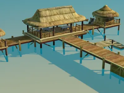 Bungalow - low poly wooden structure with boat Low-poly 3D model