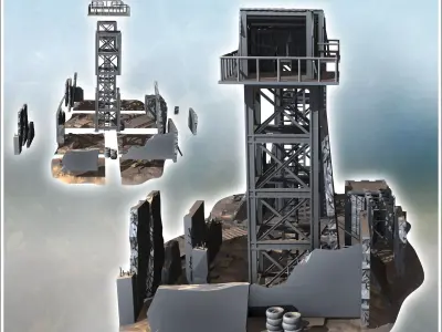 Checkpoint with double watchtowers and ruined buildings 13 3D print model