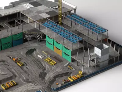  construction site with buildings and construction vehicles Low-poly 3D model
