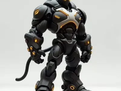 Cat Mech Robot 3D Model LowpolyGlowing Eyes Black Armor Design Low-poly 3D model
