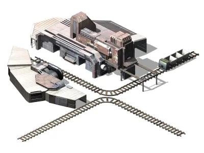 Mining-excavation-site train station with tracks and buildings 3D model
