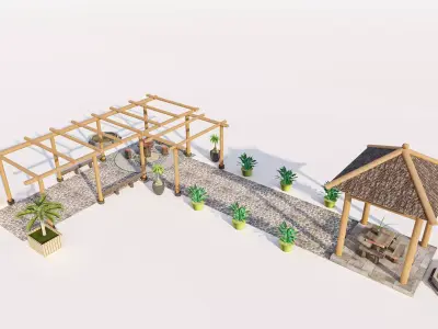Rustic Pergola with Thatched Gazebo and Stone Path Low-poly 3D model