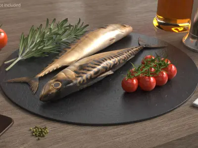  Smoked Mackerel Fish on Slate Plate with Tomato and Rosemary 