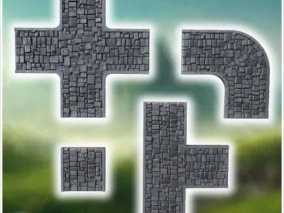 Modular cobblestone street sections with detailed patterns and v 3D print model
