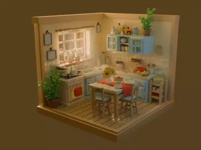 Cozy Village Kitchen Diorama Low-poly 3D model