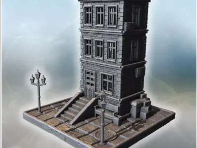 Tall stone residential building with stairs benches street lamps 3D print model