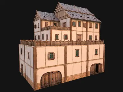 Medieval Skyscraper House with Barn  Low-poly 3D model