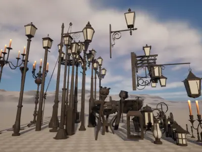 Realistic street lamps candles wall mounted lights  pots torches Low-poly 3D model