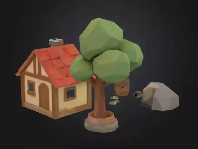 Rustic Low-Poly Village Scene Free low-poly 3D model