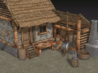 Medieval Smithy with Forge Whetstone Tools Storage and Anvil 3D model
