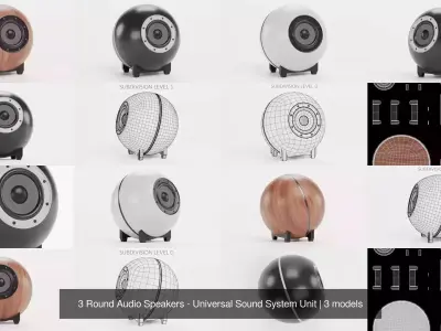 3 Round Audio Speakers - Universal Sound System Unit 3D Model Pack