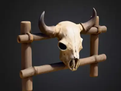 Wooden Fence with Bull Skull Head Low-poly 3D model