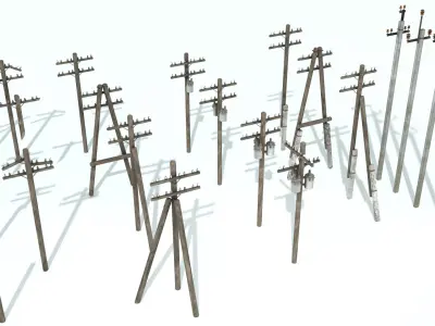 Set electric poles whole and broken Low-poly 3D model