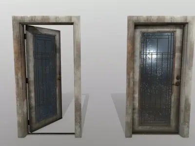 door 2 old wooden with glass window Low-poly 3D model