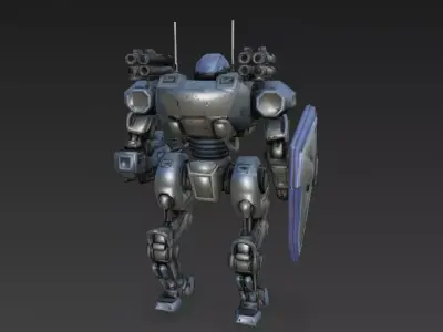 Futuristic Cartoon Battle Robot with Shield PBR 3D Model 3D model