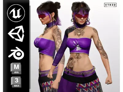 Asian Realistic Tattooed Female Character Game Ready Low-poly 3D model