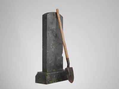 Graveyard Shovel Leaning Against Tombstone  Low-poly 3D model