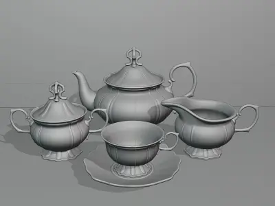 Antique porcelain tea set with flowers 3D model