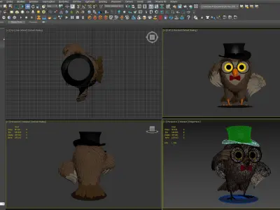 Stylized Cartoon Owl Character with Top Hat Glasses and Bow Tie Low-poly 3D model