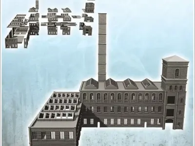 Large modern multi-storey brick industrial plant with chimney in 3D print model