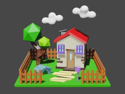 House with trees and fence Low-poly 3D model