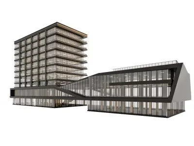 Modern Office Tower with Dynamic Podium and Skybridge 3D model