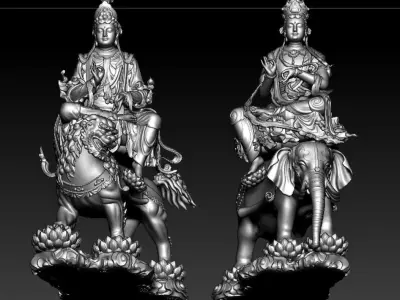 Buddha and Bodhisattvas Manjushri and Samantabhadra Bodhisattva 3D print model