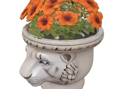 Lion Head Planter with Orange Flowers Low-poly 3D model