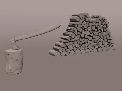 Firewood with Axe Low-poly 3D model