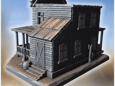Sheriffs office with side extension porch fencing wooden barrels 3D print model