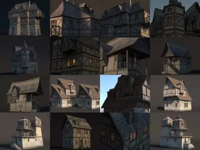 7 Set Fantasy Medieval House Set Buildings  3D model