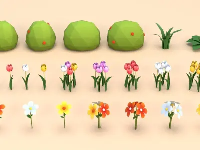Cartoon Low Poly Trees Flowers Pack Low-poly 3D model