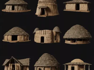 PRIMITIVE PRIMAL HUTS SHELTER HOUSE COTTAGE SETTLEMENT BUILDER Low-poly 3D model