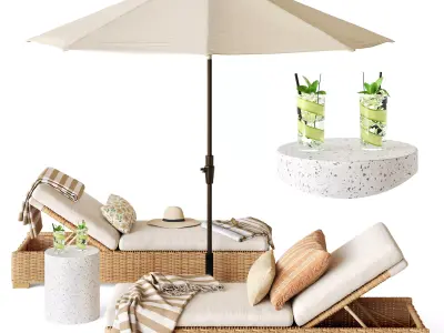 Huntington wicker chaise lounge with umbrella 3D model