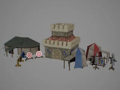 Barracks medieval castle and tents Low-poly 3D model